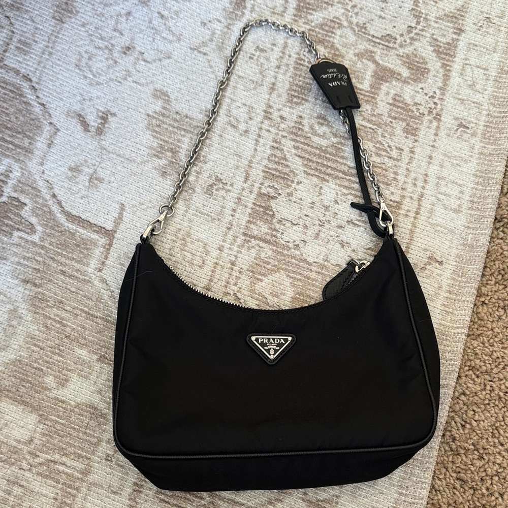 Prada Black Nylon Shoulder Bag with Silver Chain